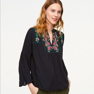LOFT Black Embroidered Bell-Sleeve Top